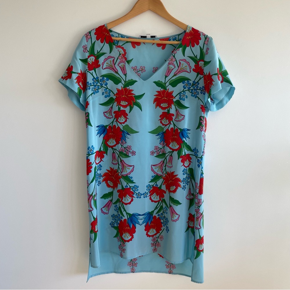 Amanda Uprichard Silk Turquoise Floral V-neck Dress with Belt